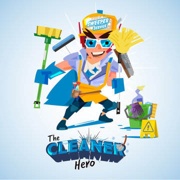 Smart cleaner concept. man in hero costume with clean-up tools. come with logo for header design - vector