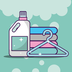 Naklejka premium laundry cleaning bottle detergent and hanger vector illustration
