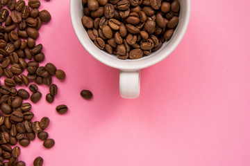 Coffee beans on a pink backround copy space