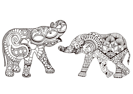 Two elephants decorated with Indian patterns. Ornate patterns in the style of mehndi.