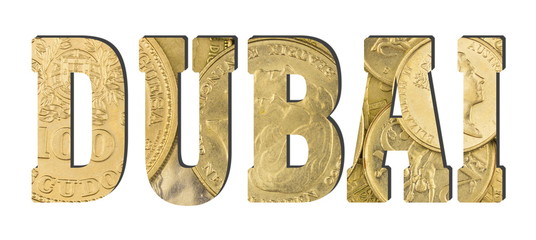 Dubai. Shiny golden coins textures for designers. White isolate