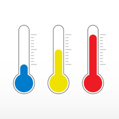 Temperature icons. Thermometer icon set in different colors. Cold, medium and hot temperature. - 203877587