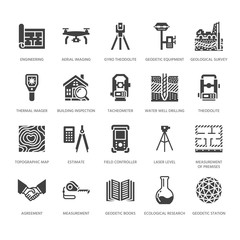 Geodetic survey engineering vector flat glyph icons. Geodesy equipment, tacheometer, theodolite. Geological research, building measurements. Construction signs. Solid silhouette pixel perfect 64x64. - obrazy, fototapety, plakaty