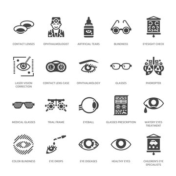 Ophthalmology, eyes health care glyph icons. Optometry equipment, contact lenses, glasses, blindness. Vision correction signs for oculist clinic. Solid silhouette pixel perfect 64x64.