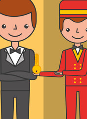 hotel manager man and bellboy with room key vector illustration