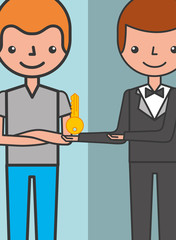 hotel manager man giving room key at customer vector illustration