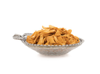 Indian Healthy Deep Fried Soya Chips Tea time Snack isolated on White Background