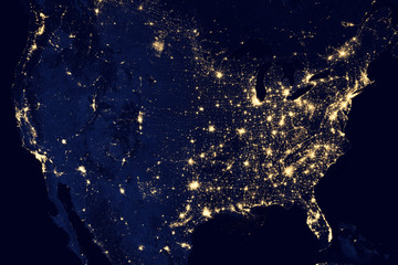 Satellite view of the night lights of the cities of United States. Elements of this image furnished by NASA - obrazy, fototapety, plakaty