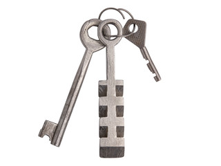 a bunch of old unusual keys isolated on white background, key of all doors