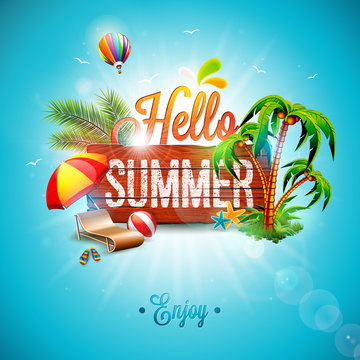 Vector Hello Summer Holiday typographic illustration on vintage wood background. Tropical plants, flower, beach ball, air balloon and sunshade with blue sky. Design template for banner, flyer
