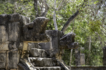 Fototapeta na wymiar Dragons and rattlesnakes carved from stone accompany almost all the buildings of Chichen Itza