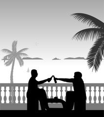 Guys drink beer in leisure time at balcony on the beach, one in the series of similar images silhouette