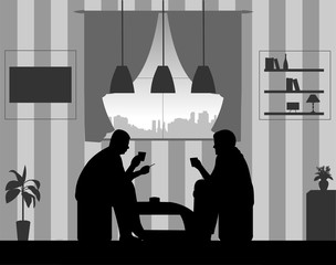 Silhouettes of guys in the room at home smoking cigarettes and drinking coffee, one in the series of similar images