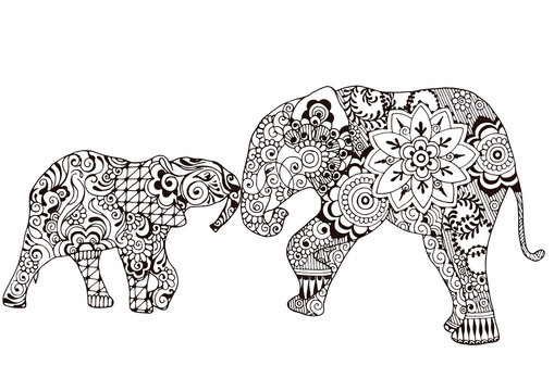Two elephants decorated with Indian patterns. Ornate patterns in the style of mehndi.