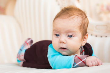 Naklejka premium Cute newborn baby boy in sunny room
