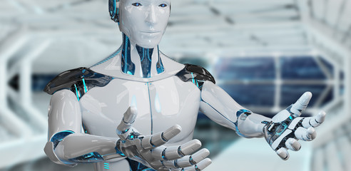 White male cyborg opening his two hands on spaceship background 3D rendering
