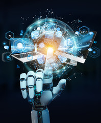 White cyborg hand connecting devices together 3D rendering