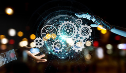 White humanoid robot hand using digital gears 3D rendering