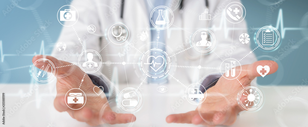 Poster Doctor using digital medical futuristic interface 3D rendering
