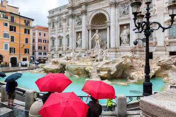 Raining day at Trevi Fountain (Fontana di Trevi) in Rome, Italy. 