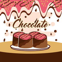 chocolate candy glazed on dish melted drops background vector illustration