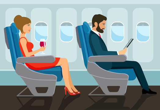 Passengers young beautiful girl and man character sitting in chair on the plane . Vector flat style illustration
