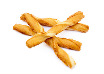 Spiral bread sticks with cheese on a white background