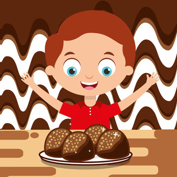 boy with chocolate candies dessert melted vector illustration