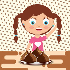 little girl with chocolate candy chips on dish vector illustration