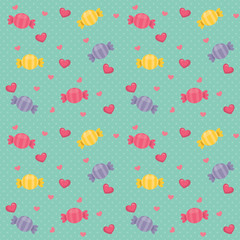 Colorful Wrapped Candy with Pink Hearts and Polka Dot Green Background Seamless Pattern