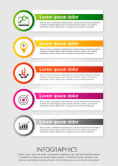 Modern vector illustration. Infographic template with five elements, circles and text. Step by step. Designed for business, presentations, web design, diagrams with 5 steps