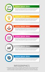 Modern vector illustration. Infographic template with six elements, circles and text. Step by step. Designed for business, presentations, web design, diagrams with 6 steps