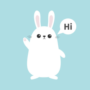 White bunny rabbit waving hand. Talking thinking bubble. Hi sticker. Funny head face. Big ears. Cute kawaii cartoon character. Baby greeting card. Easter symbol. Blue background. Flat design.