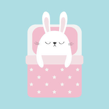 Sleeping rabbit bunny. Baby pet animal collection for kids. Cute cartoon character. Funny head face. Bed, pink blanket dot and pillow. Blue pastel background. Isolated. Flat design.