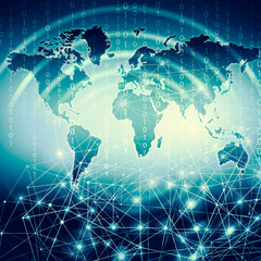 World map on a technological background, glowing lines symbols of the Internet, radio, television, mobile and satellite communications.