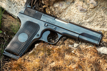 black 9mm pistol on a background of stones and moss
