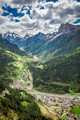 Beautiful small town in mountain valley, Dolomites