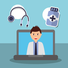 doctor in laptop medical online app stethoscope and medicine vector illustration