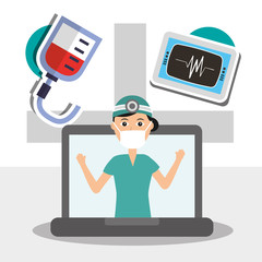 laptop with doctor in mask on screen blood bag and monitoring vector illustration