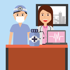 female doctor and physician with mask bottle medicine and monitoring vector illustration