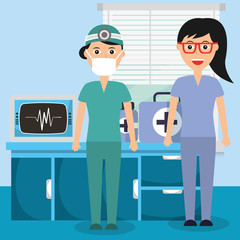 female doctor and nurse equipment supplies medical hospital vector illustration