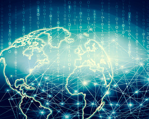 World map on a technological background, glowing lines symbols of the Internet, radio, television, mobile and satellite communications.