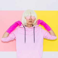 Doll Blonde Girl Model. Accessory sunglasses, gloves,  hoodie and shorts. Club DJ Party Fun. Mood...