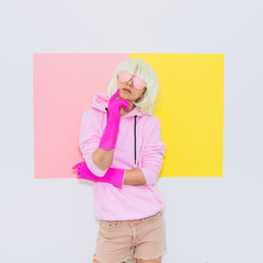 Doll Blonde Girl Model with beauty face in Fashion accessory sunglasses, gloves,  hoodie and...