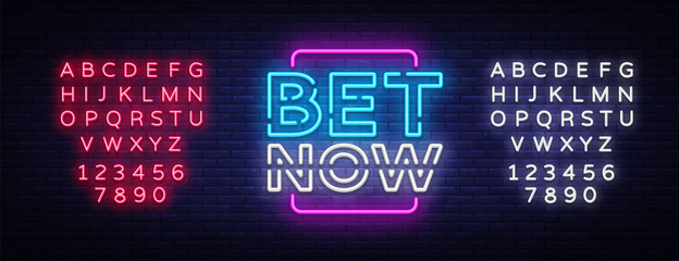 Bet Now Neon sign vector. Light banner, bright night neon sign on the topic of betting, gambling. Editing text neon sign