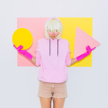 Tomboy Blonde Girl in Fashion pink accessory sunglasses holds triangle and circle. Club Party Style. Synth wave vibes