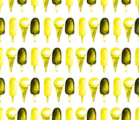 Seamless ice-cream pattern. Watercolor hand drawn summer beach print in unusual colors with ice lolly , Ice cream in a waffle cup. Childish baby background. Food print. Fabric, paper, cover, web