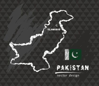 Pakistan map, vector pen drawing on black background