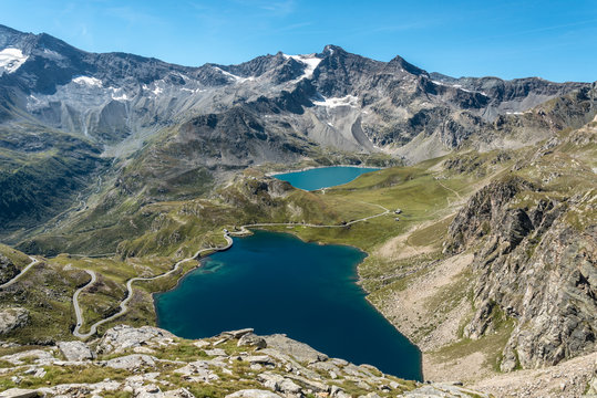 Aerial view of Lago Agnel and Lago Serru in the Gran Paradiso National Park in Italy
