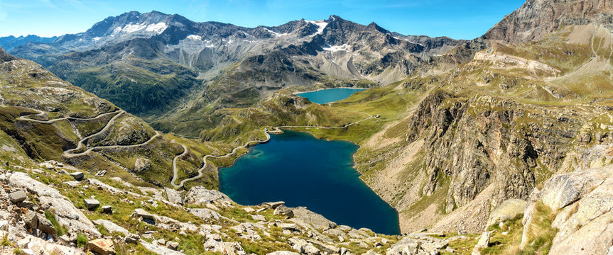 Aerial view of Lago Agnel and Lago Serru in the Gran Paradiso National Park in Italy